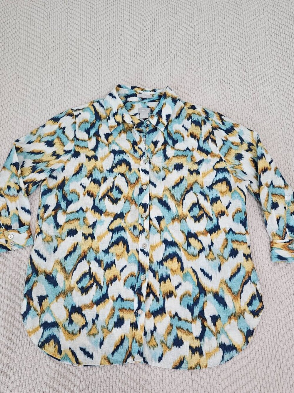 Chico's 100% Linen Button Up Shirt Teal Navy Print 3/4 Sleeve Size 1 (US 8) - Picture 2 of 9
